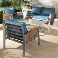 Baxton Studio MLM-210477-Blue Baxton Studio Nicholson Modern and Contemporary Blue Fabric Upholstered and Grey Finished Metal with Brown Finished PE Rattan 4-Piece Outdoor Patio Lounge Set
